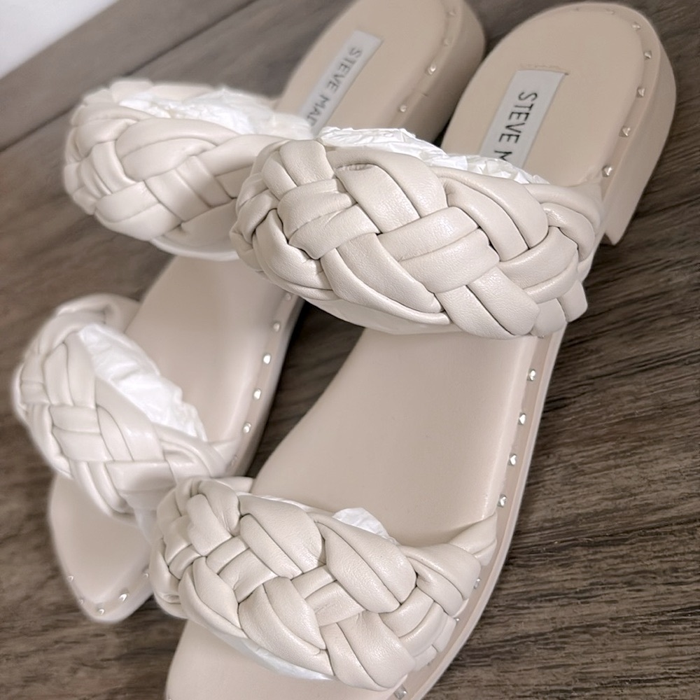 NEW [Steve Madden] Studded Braided Low Heel Slide Sandals in Cream Women’s Sz 6 - Picture 5 of 10